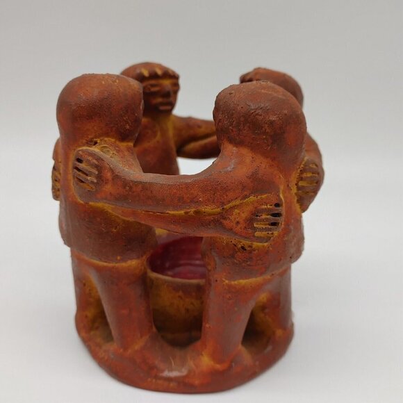 Aztec Mayan Pre Columbian Circle Of 4 Friends Dancing Art Candle Holder Vintage - Picture 4 of 10